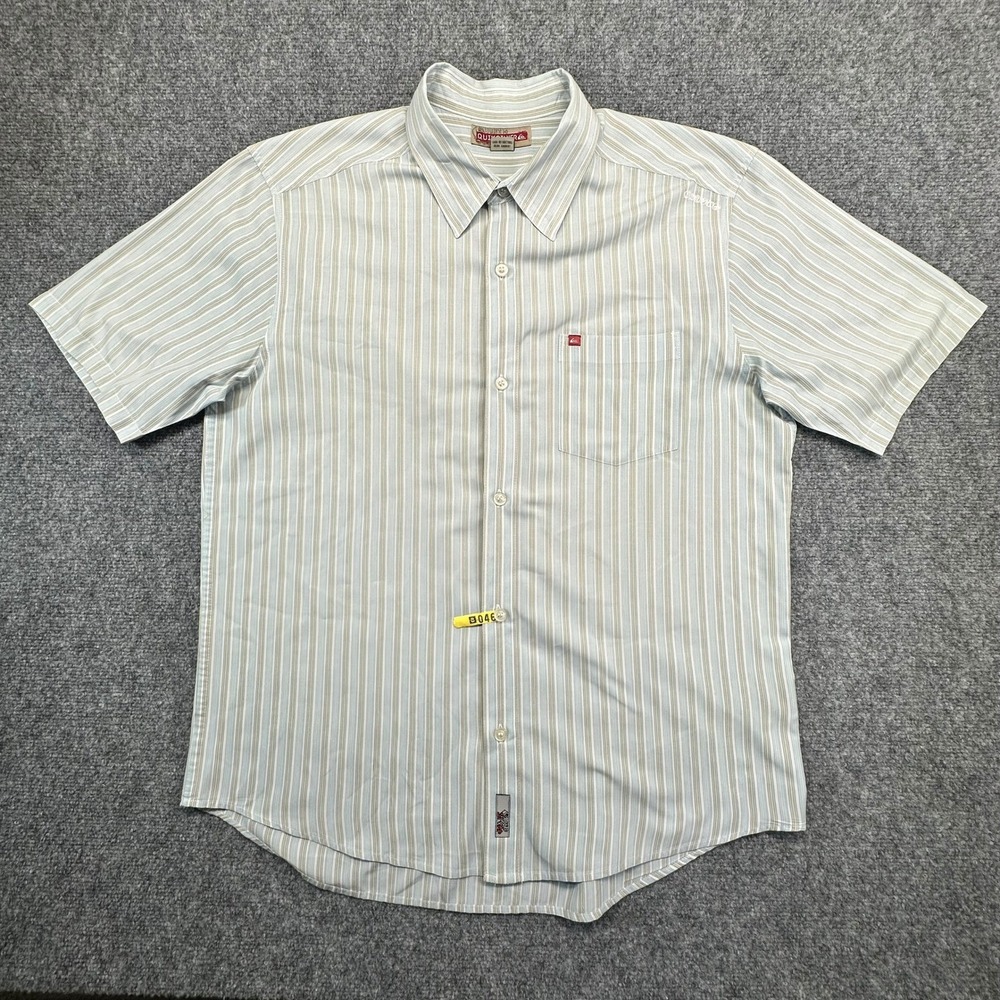 Quiksilver‎ Striped Button Up Shirt Mens Large Blue Tan Short Sleeve YY109589